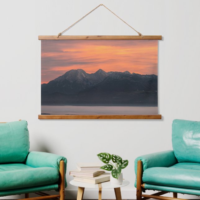 Sunrise behind majestic mountains hanging tapestry (Living Room)