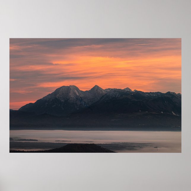 Sunrise behind majestic mountains poster (Front)