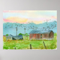 Sunrise Birds Red Barn Watercolor Landscape Art
