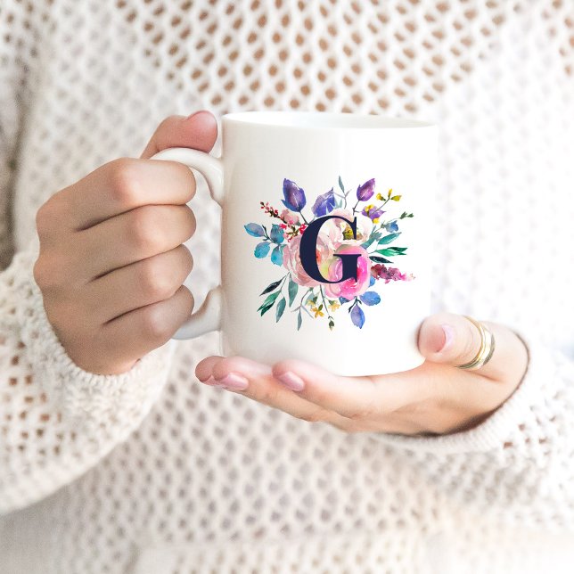 Sunrise Boho Floral Navy Monogram Coffee Mug (Creator Uploaded)