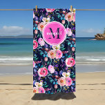 Sunrise Boho Floral Pink and Navy Monogram Beach Towel<br><div class="desc">This custom made-to-order beach towel has a pretty watercolor boho floral print in pink, purple and navy colours. Personalise it with your name monogram or other custom text in a modern script font. Use the design tools to choose any background colours, edit the text fonts and colours or upload your...</div>