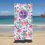 Sunrise Boho Floral Purple and White Monogram Beach Towel<br><div class="desc">This custom made-to-order beach towel has a pretty watercolor boho floral print in pink, purple and white colours. Personalise it with your name monogram or other custom text in a modern script font. Use the design tools to choose any background colours, edit the text fonts and colours or upload your...</div>