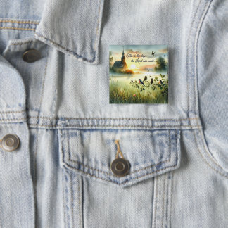 Sunrise Church with Birds in Misty Meadow 15 Cm Square Badge