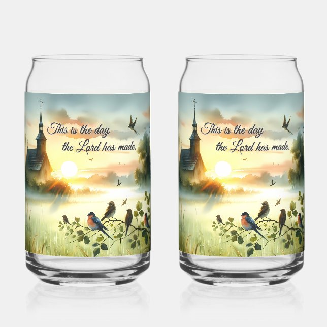Sunrise Church with Birds in Misty Meadow Can Glass (Front)