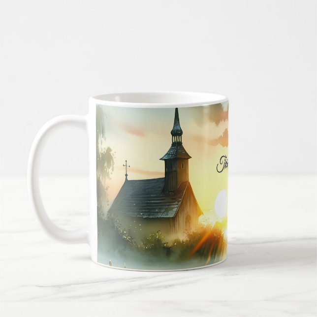 Sunrise Church with Birds in Misty Meadow Coffee Mug (Left)