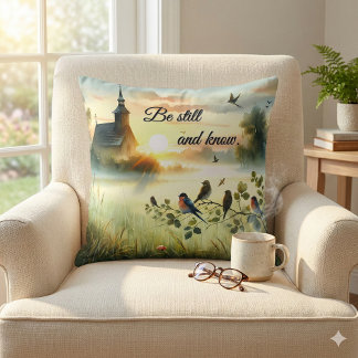 Sunrise Church with Birds in Misty Meadow Cushion