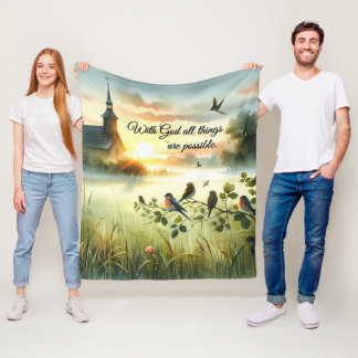Sunrise Church with Birds in Misty Meadow Fleece Blanket