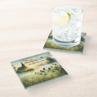 Sunrise Church with Birds in Misty Meadow Glass Coaster
