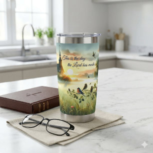 Sunrise Church with Birds in Misty Meadow Insulated Tumbler