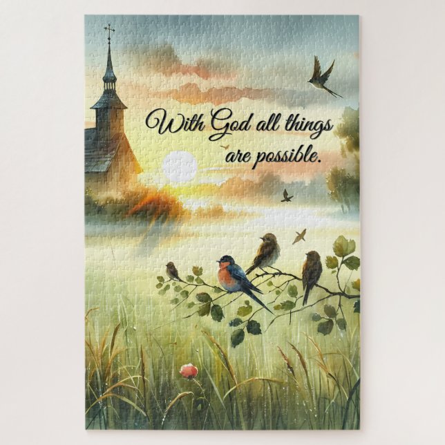 Sunrise Church with Birds in Misty Meadow Jigsaw Puzzle (Vertical)