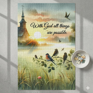 Sunrise Church with Birds in Misty Meadow Jigsaw Puzzle