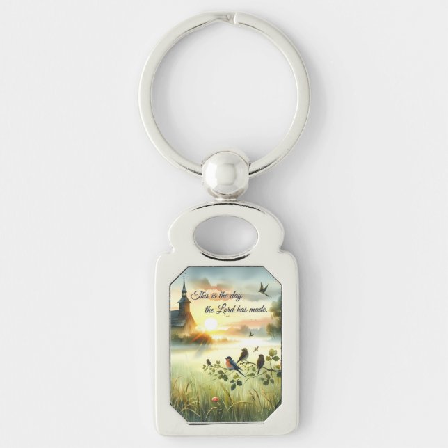 Sunrise Church with Birds in Misty Meadow Key Ring (Front)
