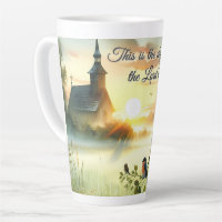 Sunrise Church with Birds in Misty Meadow
