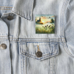 Sunrise Church with Birds in Misty Meadow No Verse 15 Cm Square Badge