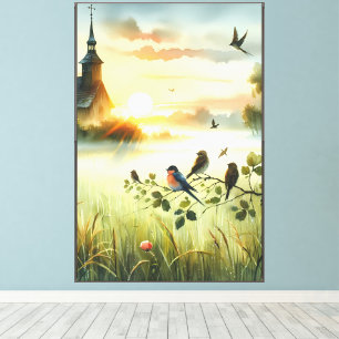 Sunrise Church with Birds in Misty Meadow No Verse Canvas Print