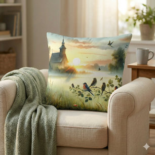 Sunrise Church with Birds in Misty Meadow No Verse Cushion