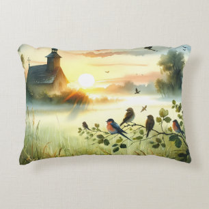 Sunrise Church with Birds in Misty Meadow No Verse Decorative Cushion