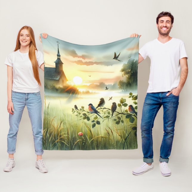 Sunrise Church with Birds in Misty Meadow No Verse Fleece Blanket (In Situ)