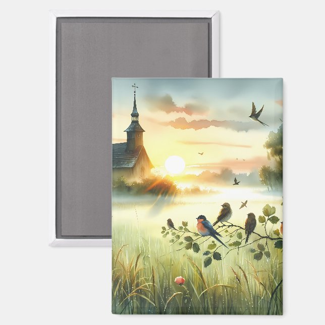 Sunrise Church with Birds in Misty Meadow No Verse Magnet (Front/Back)