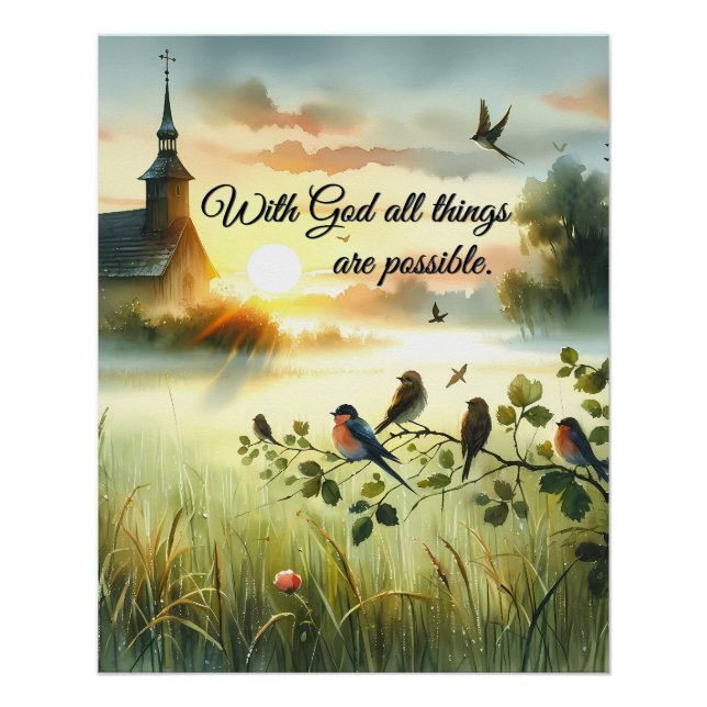 Sunrise Church with Birds in Misty Meadow Poster (Front)
