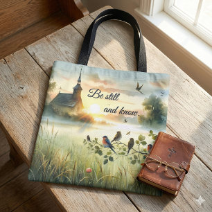Sunrise Church with Birds in Misty Meadow Tote Bag