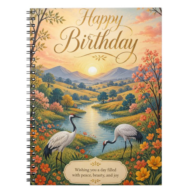 Sunrise Crane Meadow Birthday Serenity Notebook (Front)