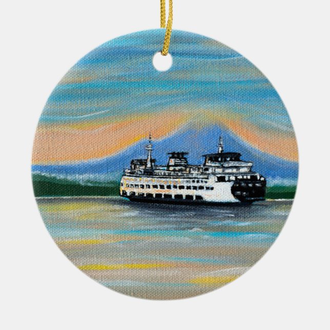 Sunrise Ferry Painting Ceramic Tree Decoration (Front)