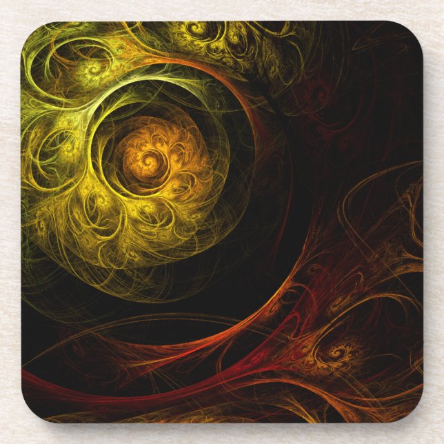 Sunrise Floral Red Abstract Art Cork Coaster (Front)