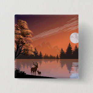 Sunrise Landscape with Lake and Deers-51207 15 Cm Square Badge