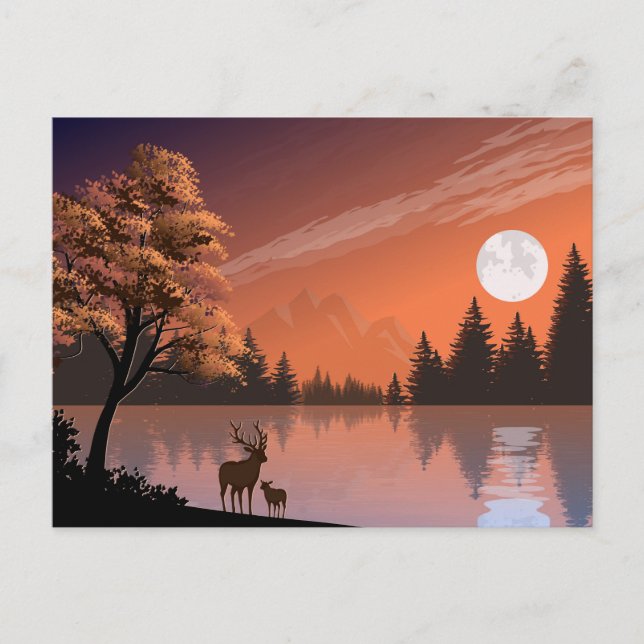 Sunrise Landscape with Lake and Deers-51207 Announcement Postcard (Front)