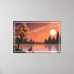 Sunrise Landscape with Lake and Deers-51207 Canvas Print
