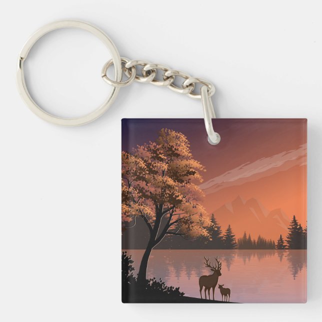 Sunrise Landscape with Lake and Deers-51207 Key Ring (Front)