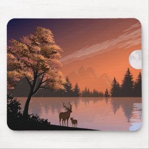 Sunrise Landscape with Lake and Deers-51207 Mouse Pad