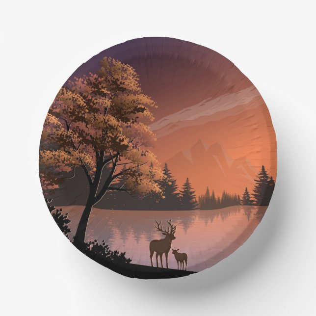 Sunrise Landscape with Lake and Deers-51207 Paper Plate (Front)