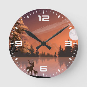 Sunrise Landscape with Lake and Deers-51207 Round Clock