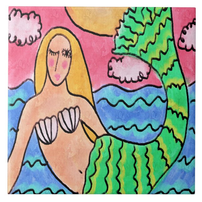 Sunrise Mermaid Abstract Digital Painting Tile (Front)