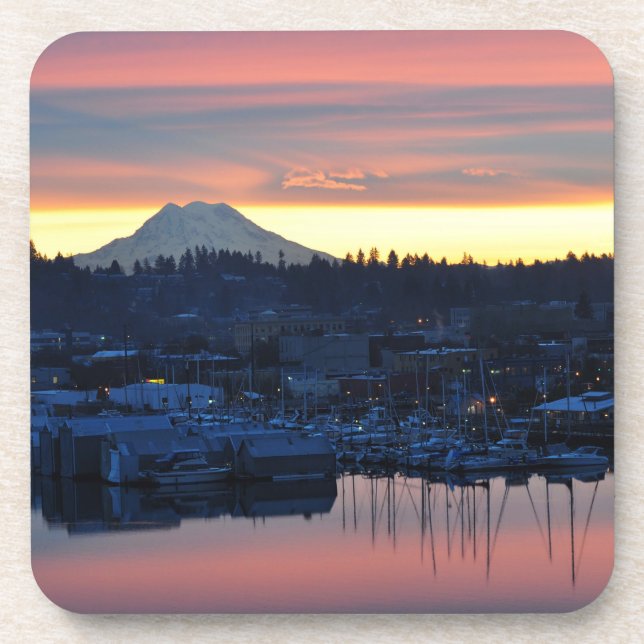 Sunrise Mount Rainier and the Marina in Olympia WA Coaster (Front)