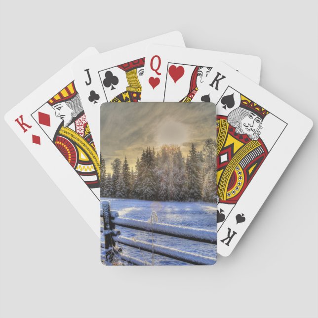 Sunrise on a Winter Pasture in Snow Playing Cards (Back)