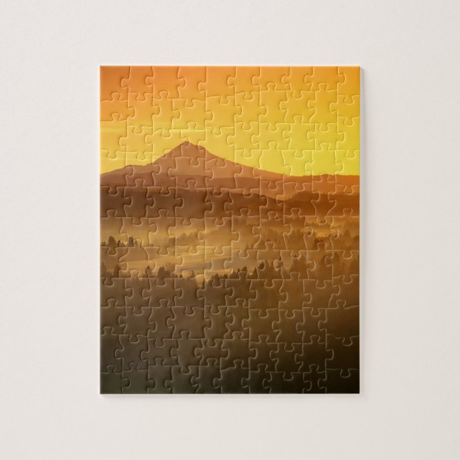 Sunrise orange colours the fog in the valley in jigsaw puzzle (Vertical)