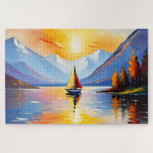Sunrise over a lake and snow capped mountains jigsaw puzzle