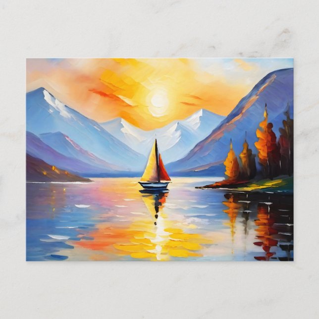 Sunrise over a lake and snow capped mountains postcard (Front)
