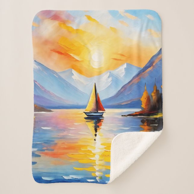 Sunrise over a lake and snow capped mountains sherpa blanket (Front)