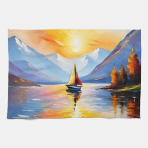 Sunrise over a lake and snow capped mountains tea towel