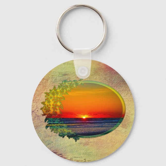 Sunrise Over Atlantic Oval with Flowers Key Ring (Front)