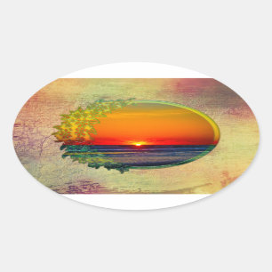 Sunrise Over Atlantic Oval with Flowers Oval Sticker