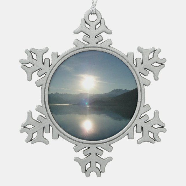 Sunrise over College Fjord Alaska Photography Snowflake Pewter Christmas Ornament (Front)