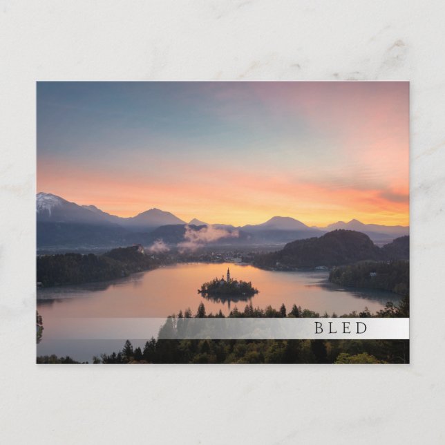 Sunrise over Lake Bled bar postcard (Front)