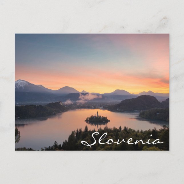 Sunrise over Lake Bled, Slovenia text postcard (Front)