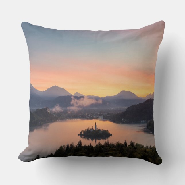 Sunrise over Lake Bled throw pillow (Front)