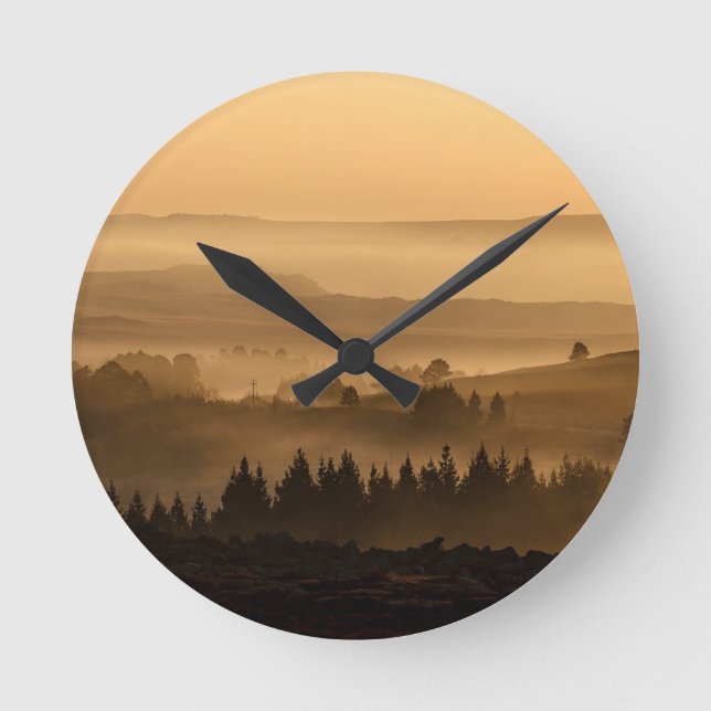 Sunrise Over Misty Rolling Hills Landscape Round Clock (Front)